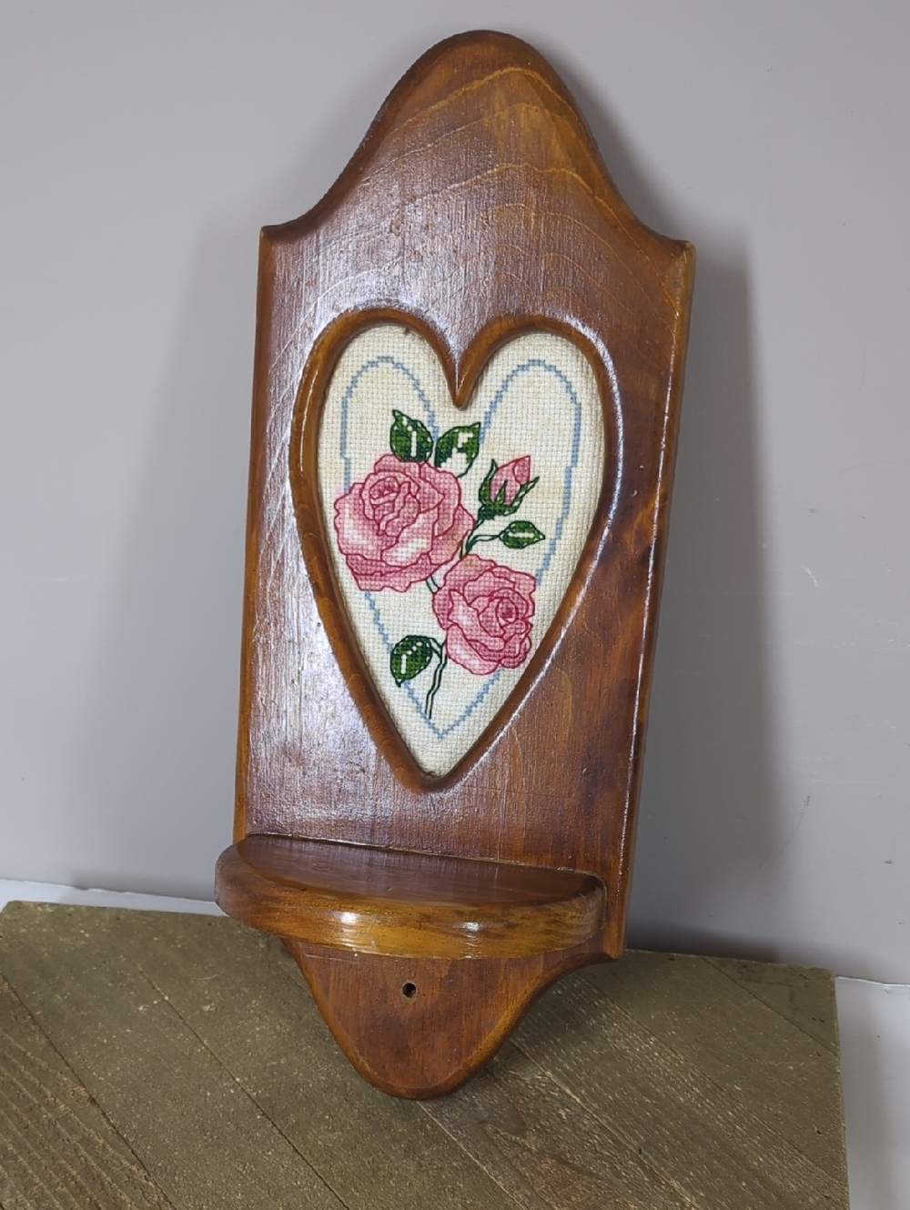 Handcrafted Wooden Heart Wall Shelf with Pink Rose Embroidery